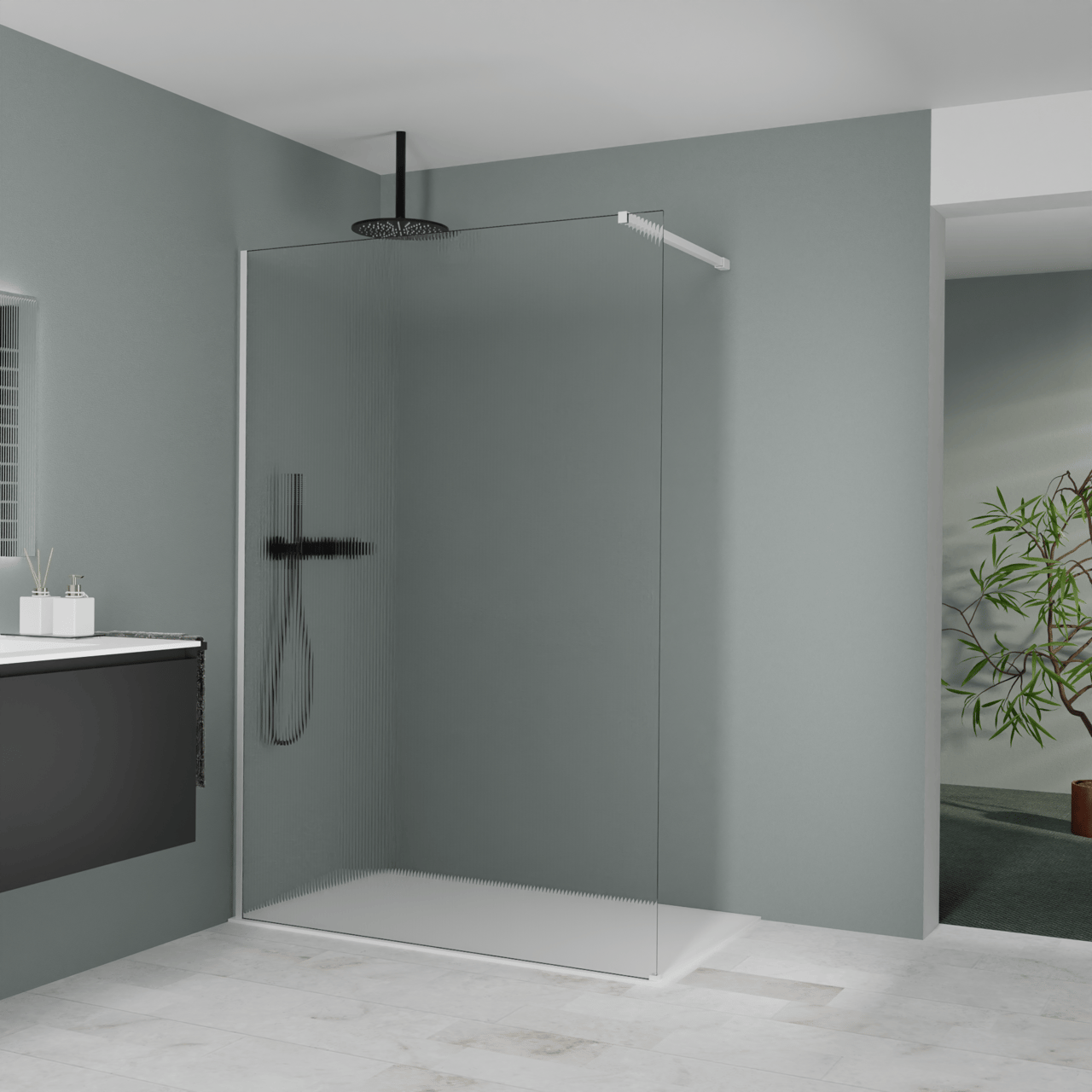 Balmani Modular Walk-In Dusche: 140 x 200 cm, Ribs, inklusive Coating, Profil Weiß matt
