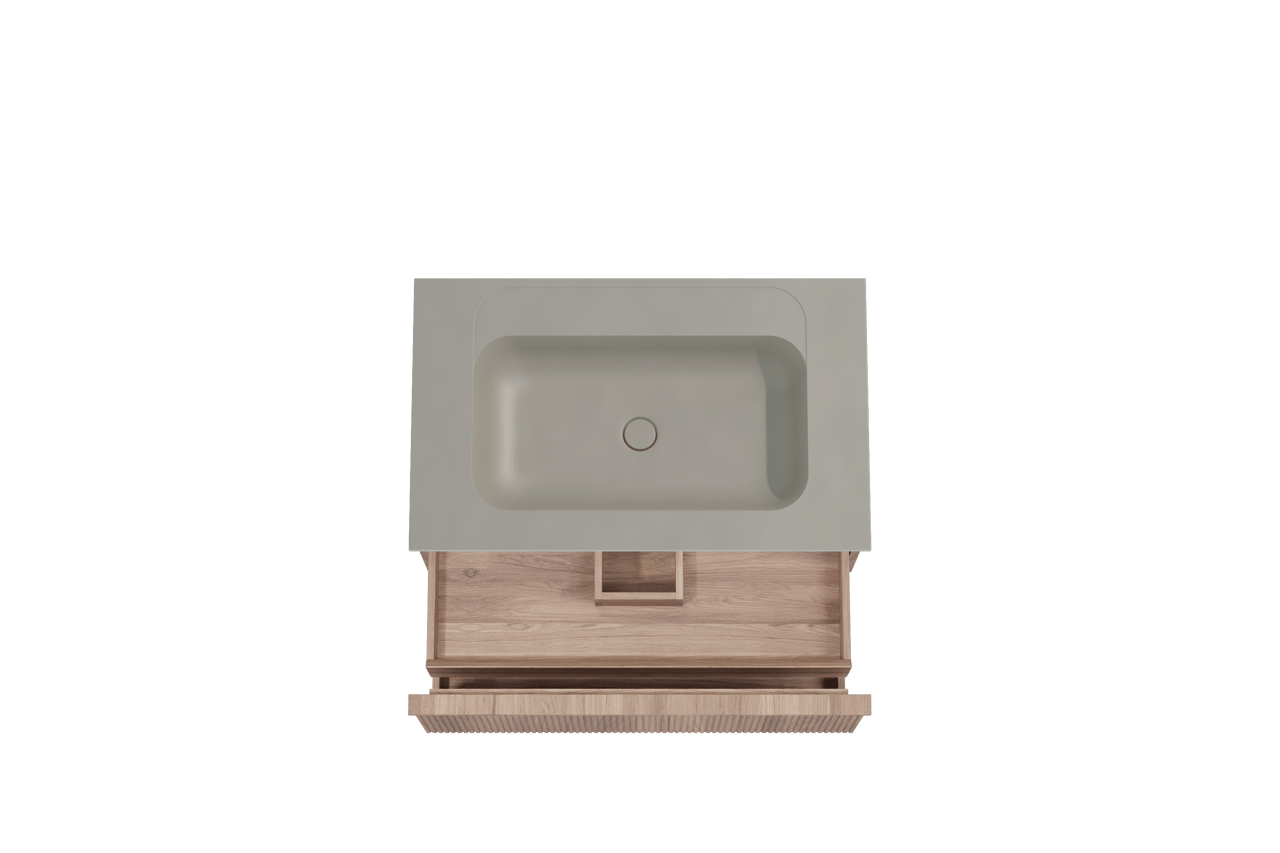 Balmani Forma zwevend badkamermeubel 90 x 55 cm teak met Tablo Strada enkele wastafel in composietmarmer zijdegrijs, Verticale symmetrische rechte ribbel