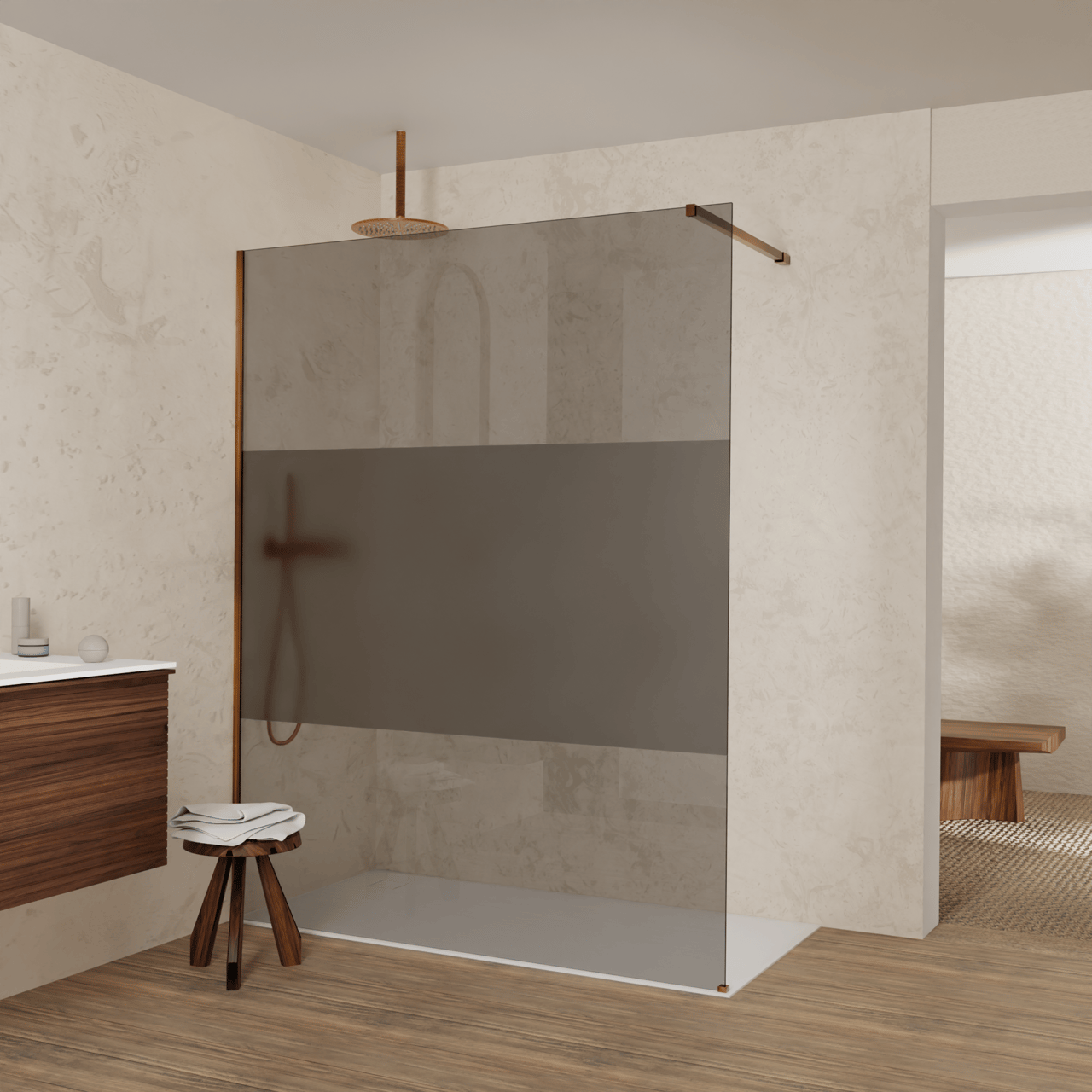 Balmani Modular douche à l'italienne: 160 x 200 cm, Verre fumé avec bande matte, avec coating, Profil Brushed Rosegold