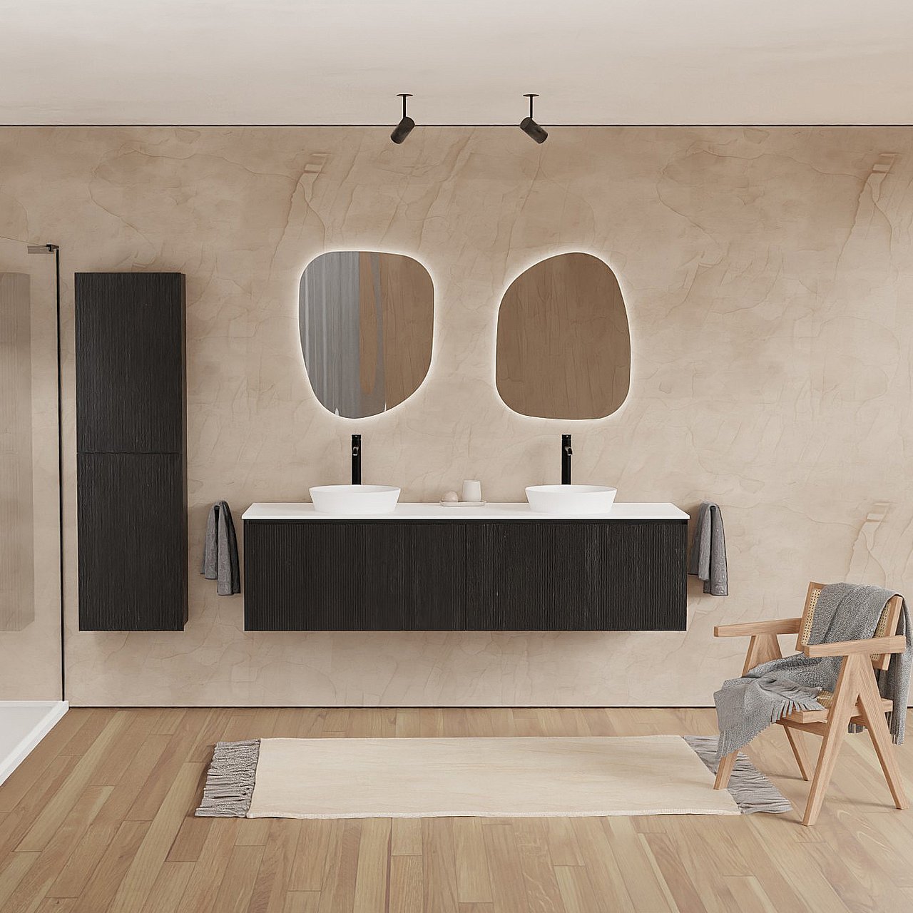 Balmani Fila zwevend badkamermeubel 180 x 55 cm zwarte eik met Stretto enkel of dubbel tablet in solid surface mat wit, Verticale symmetrische rechte ribbel