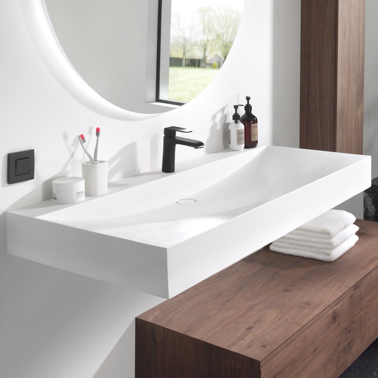 Balmani Wave Einzelwaschtisch für 2 Armaturenlöcher, Solid Surface matt, 120 x 55 cm