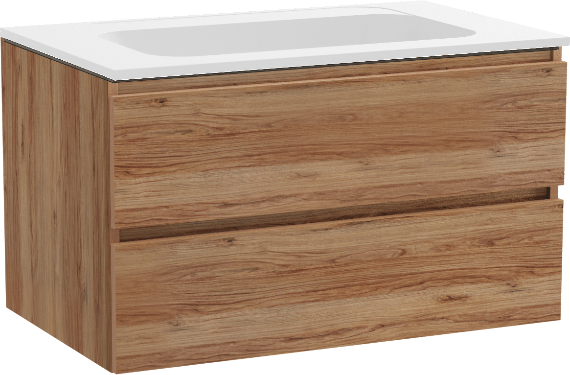 Balmani Lucida hängendes Möbelstück Set: 90 x 55 cm, Teak, mit Tablo Strada Einzelwaschtisch, Marmorkomposit Weiß matt