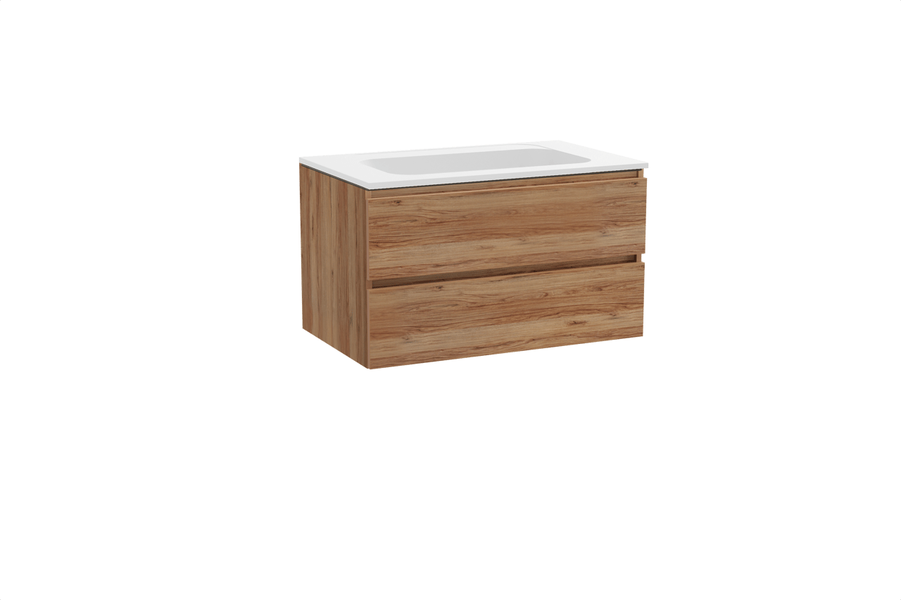 Balmani Lucida hängendes Möbelstück Set: 90 x 55 cm, Teak, mit Tablo Strada Einzelwaschtisch, Marmorkomposit Weiß matt