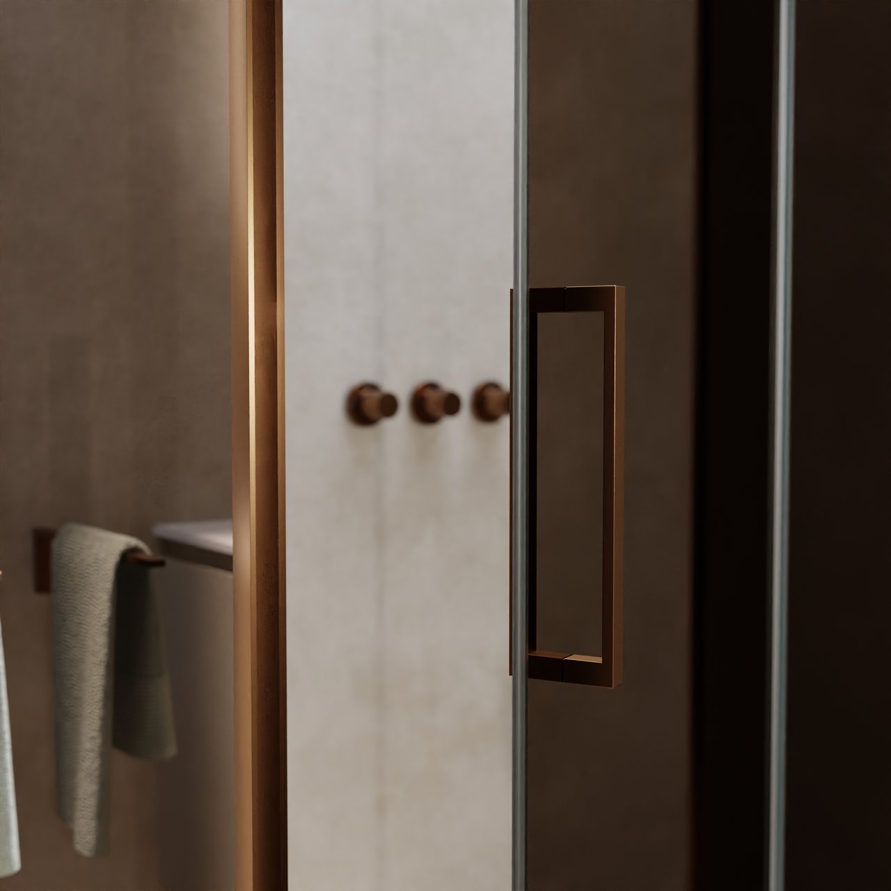 Balmani Senses Design douchecabine met rechtse draaideur en vaste zijwand, 140 x 90 cm, Brons, Brushed Rosegold profielen, met coating
