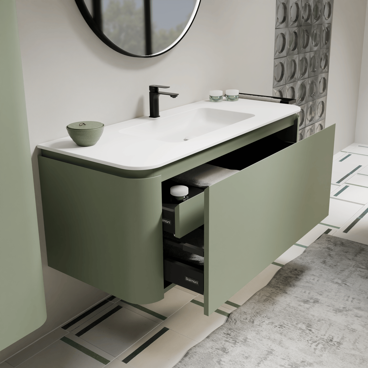 Balmani Moon meuble salle de bains suspendu 130 x 55 cm vert sauge avec Moon plan simple en solid surface blanc mat