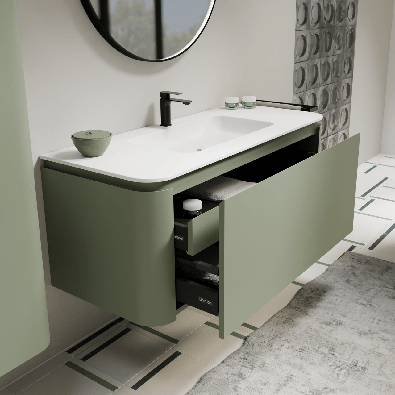 Balmani Moon zwevend badkamermeubel 130 x 55 cm saliegroen met Moon enkele wastafel in solid surface mat wit