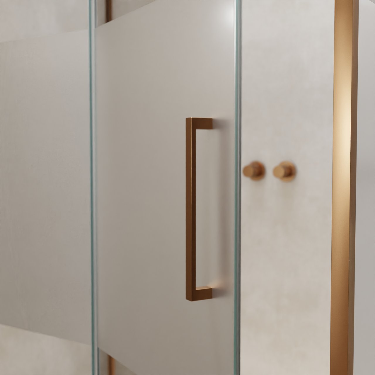 Balmani Senses Design douche en coin avec porte pivotante à gauche et paroi latérale fixe, 120 x 90 cm, Verre transparent avec bande matte, Profil Brushed Rosegold, coating inclus, coating inclus
