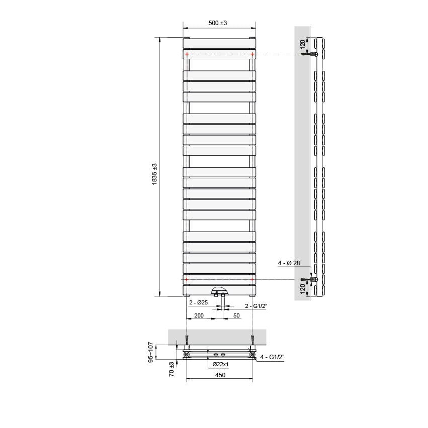 Vipera Vulcan dubbele handdoekradiator 50 x 183,5 cm elektrische verwarming glanzend wit zij- en middenaansluiting 1.683W, weerstand inbegrepen