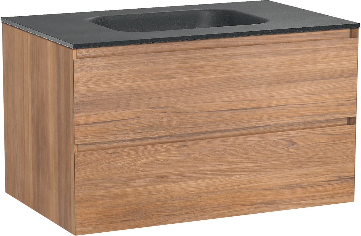 Balmani Mitra meuble salle de bains suspendu 90 x 55 cm teck avec Tablo Arcato plan simple en granit noir