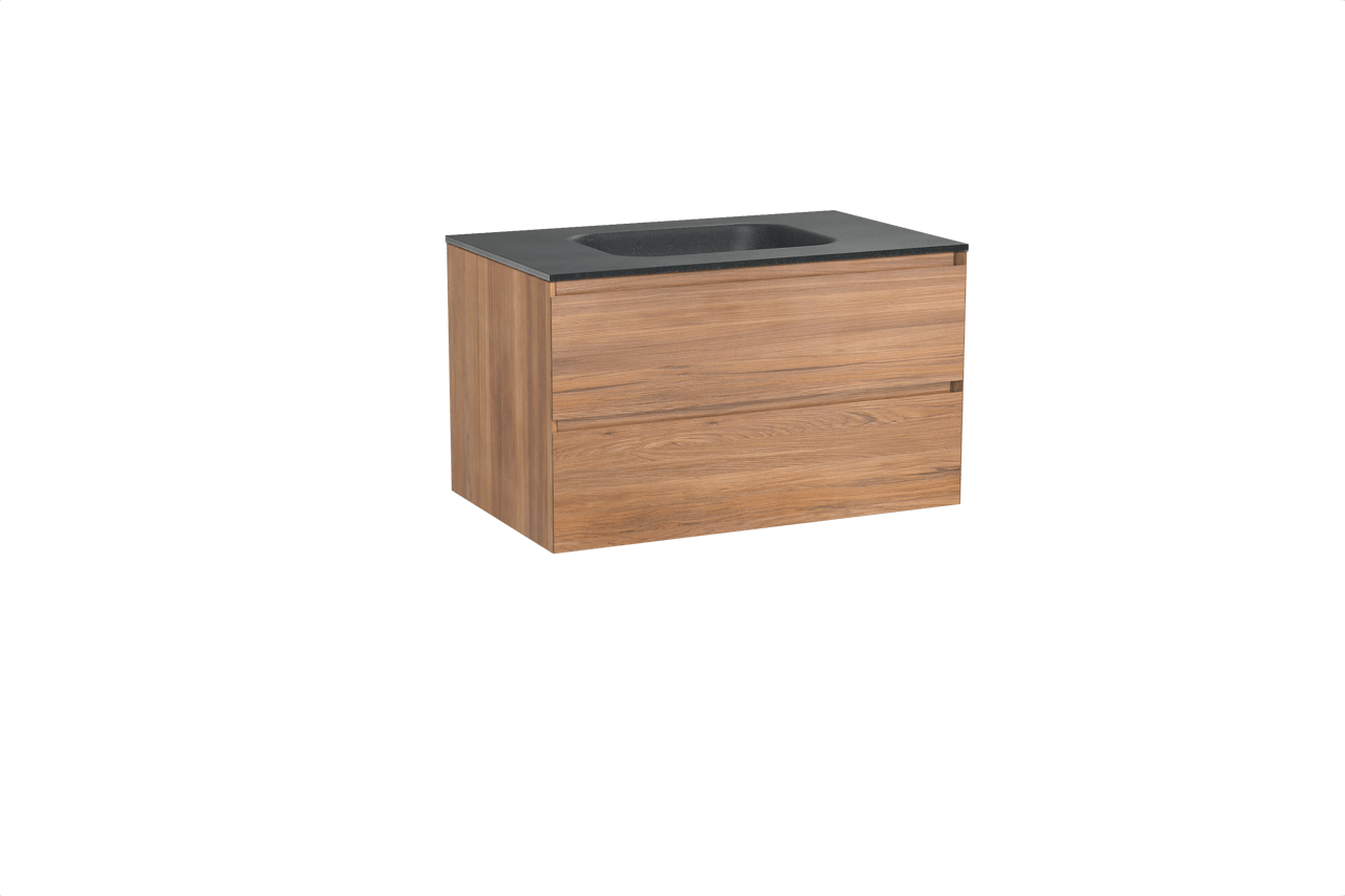 Balmani Mitra hängendes Möbelstück Set: 90 x 55 cm, Teak, mit Tablo Arcato Einzelwaschtisch, Schwarzes Granit