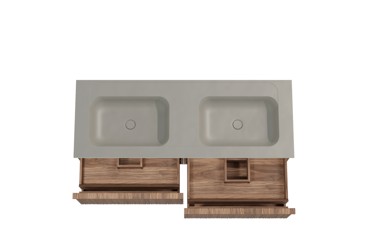 Balmani Forma zwevend badmeubel 150 x 55 cm amerikaans notenhout met Tablo Strada dubbele wastafel in composietmarmer zijdegrijs, Verticale asymmetrische ronde ribbel