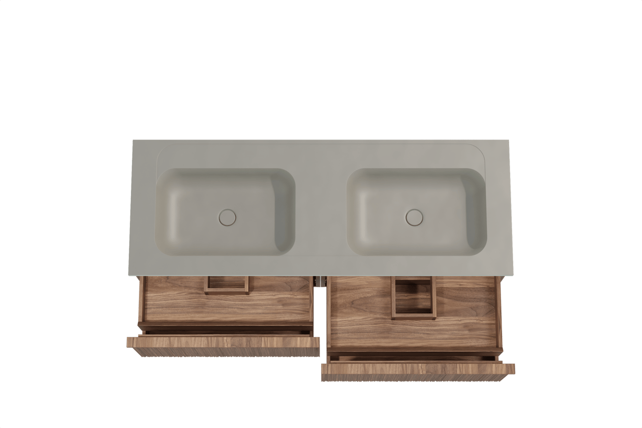 Balmani Forma zwevend badkamermeubel 150 x 55 cm amerikaanse notelaar met Tablo Strada dubbele wastafel in composietmarmer zijdegrijs, Verticale asymmetrische ronde ribbel