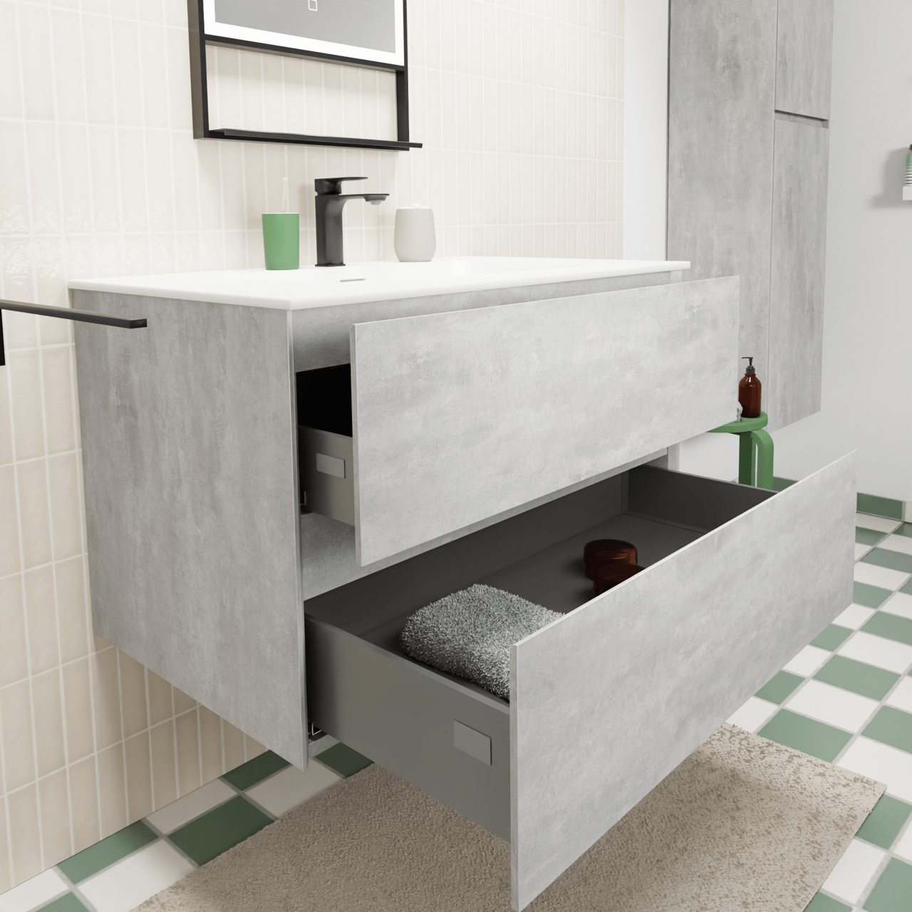 Storke Edge meuble salle de bains suspendu 85 x 52 cm béton gris foncé avec Mata plan simple en solid surface blanc mat