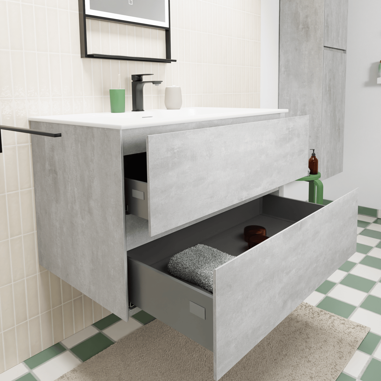 Storke Edge meuble salle de bains suspendu 85 x 52 cm béton gris foncé avec Mata plan simple en solid surface blanc mat