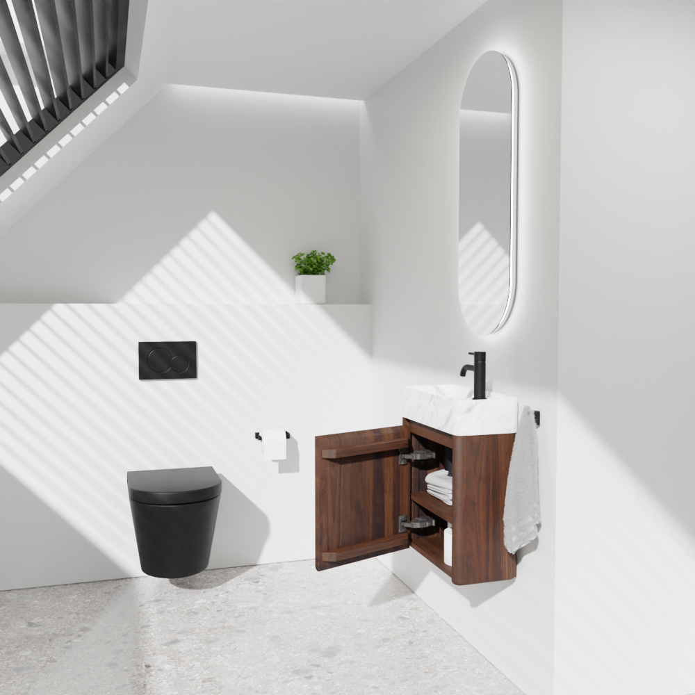 Balmani Fara zwevend toiletmeubel 45 x 22 cm amerikaanse notelaar met Fara wastafel in Carrara marmer