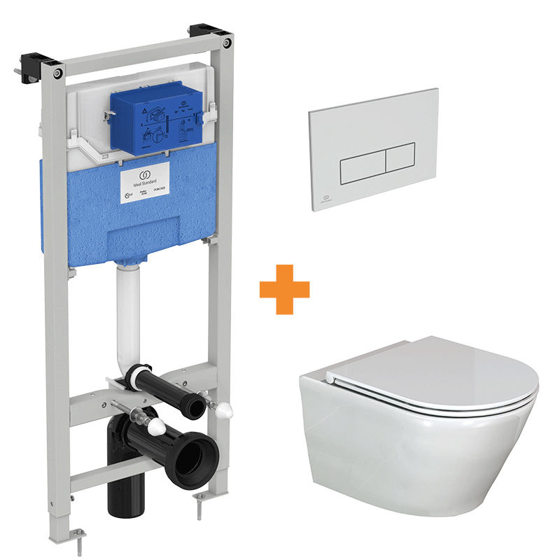 Luca Varess Calibro WC suspendu et abattant finolisso blanc brillant sans bride avec bâti-support et Ideal Standard Oleas M2 blanc brillant plaque de commande gratuit