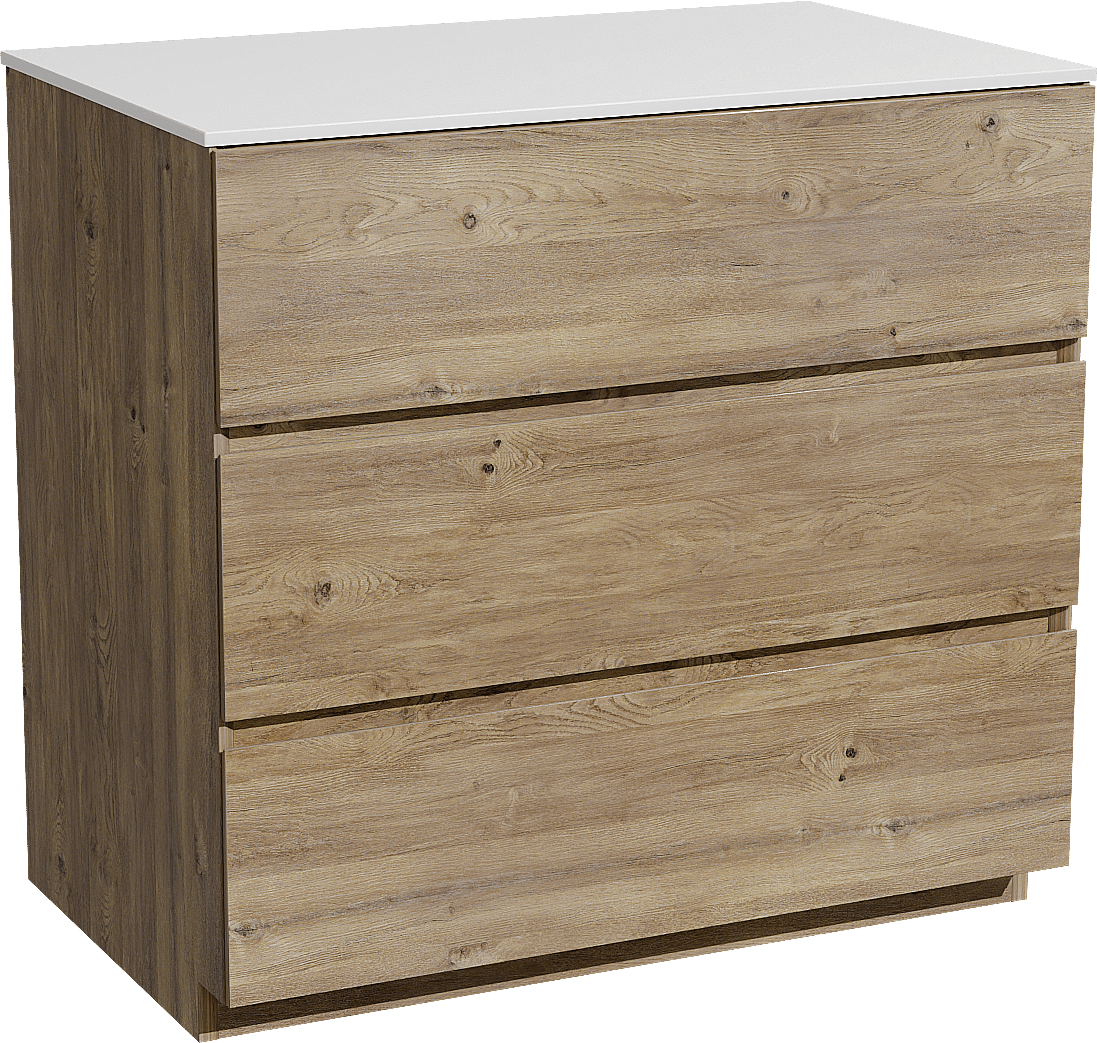 Storke Edge freistehendes Möbelstück Set: 85 x 52 cm, Rohe Eiche, mit Tavola Einzel Waschtischplatte, Solid Surface Weiß matt