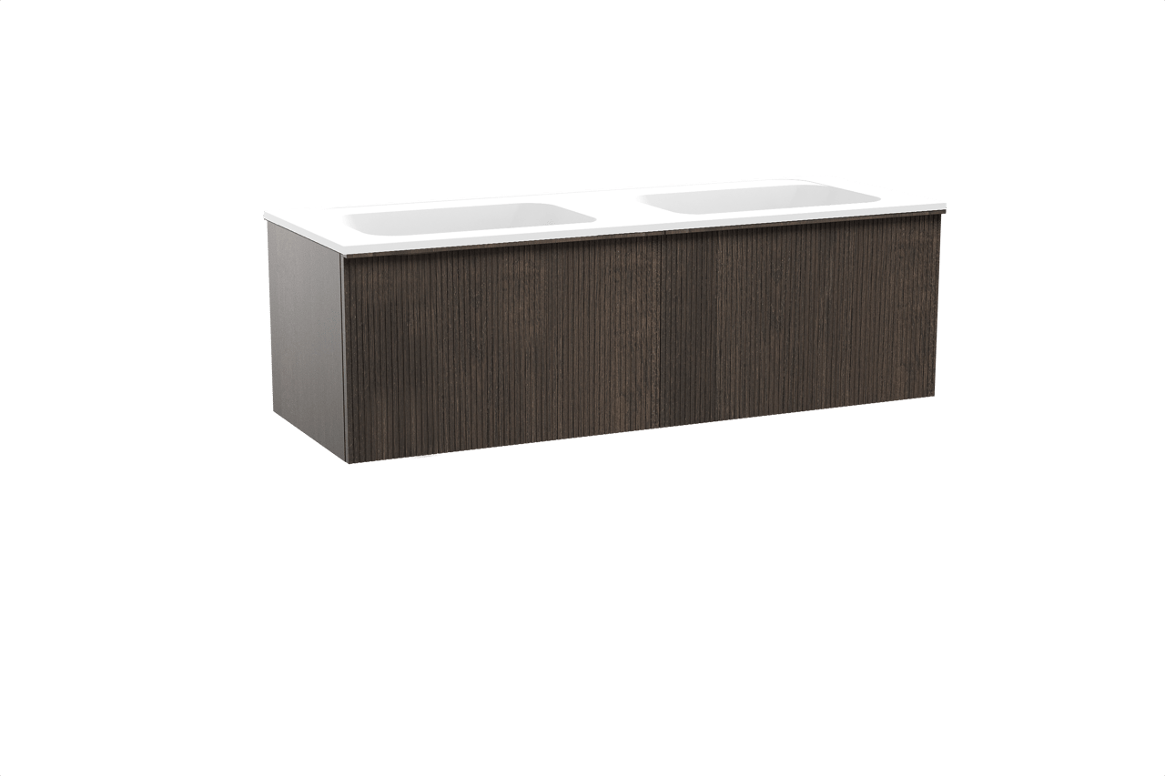 Balmani Forma meuble salle de bains suspendu 150 x 55 cm chêne fumé avec Tablo Strada double vasque en marbre composite blanc mat, Nervure droite symétrique verticale