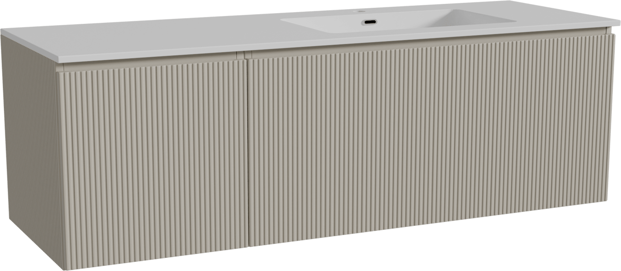 Storke Ribs hängendes Möbelstück Set: 150 x 52 cm, Seidengrau, mit Diva Waschtisch rechts, Marmorkomposit, Weiß glänzend, Vertikale symmetrische gerade Rippe