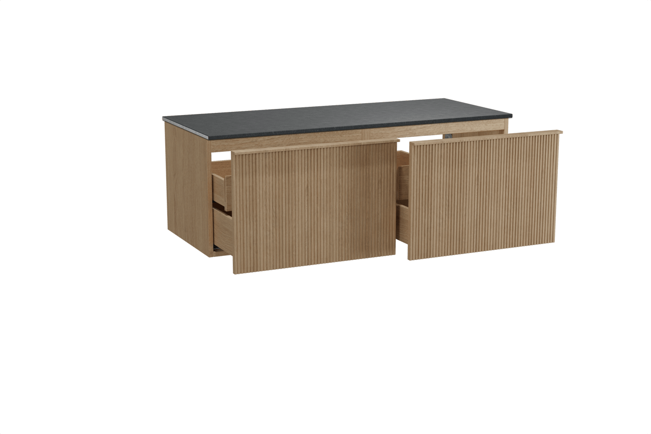 Balmani Forma hängendes Möbelstück Set: 135 x 55 cm, Naturbelassene Eiche, mit Stretto Einzel- oder Doppel Waschtischplatte, Granit, Schwarzes Granit, Vertikale symmetrische gerade Rippe