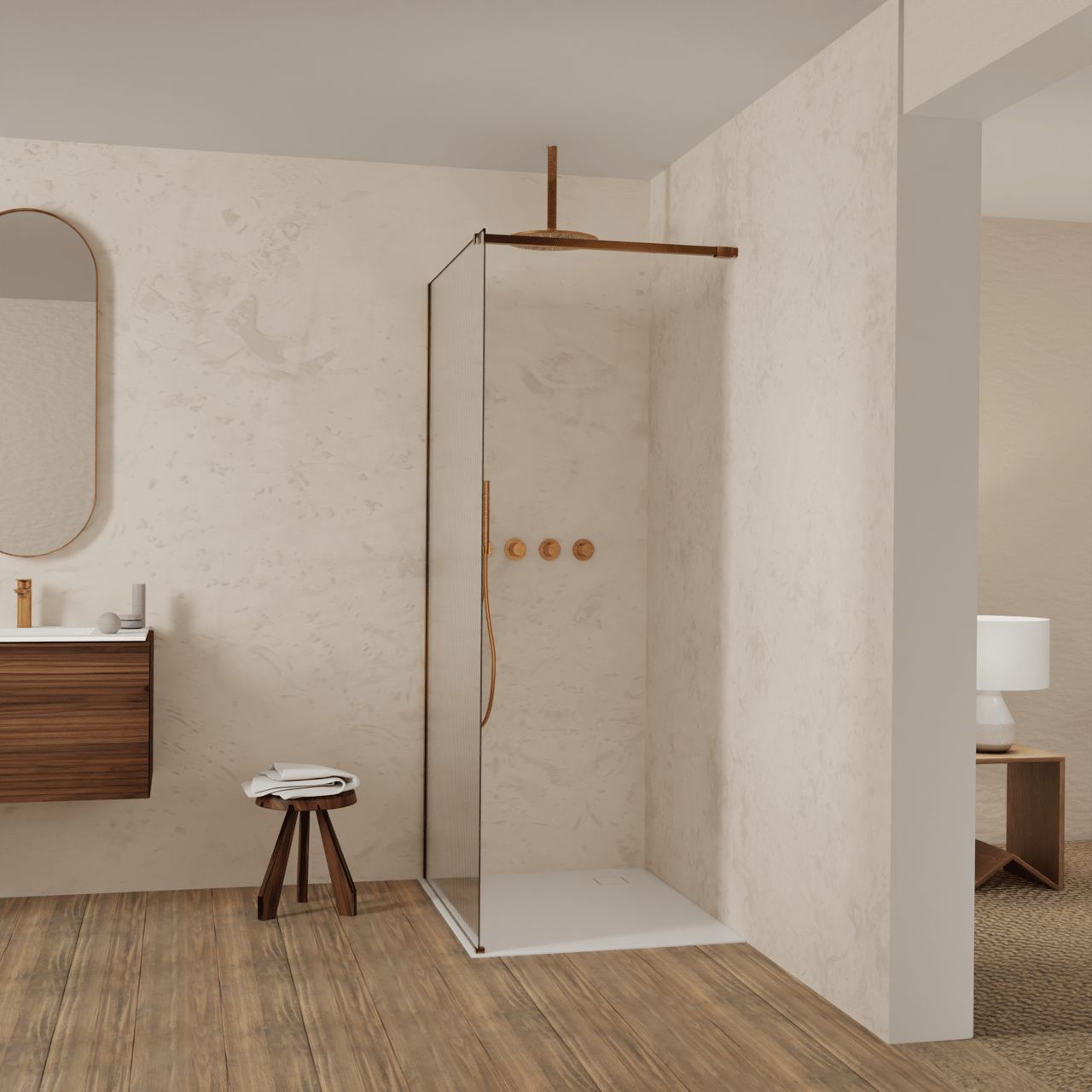 Balmani Modular douche à l'italienne: 100 x 200 cm, Ribs, avec coating, Profil Brushed Rosegold