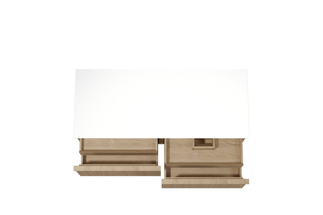 Balmani Forma hängendes Möbelstück Set: 135 x 55 cm, Naturbelassene Eiche, mit Stretto Einzel- oder Doppel Waschtischplatte, Solid Surface, Weiß matt, Vertikale symmetrische gerade Rippe