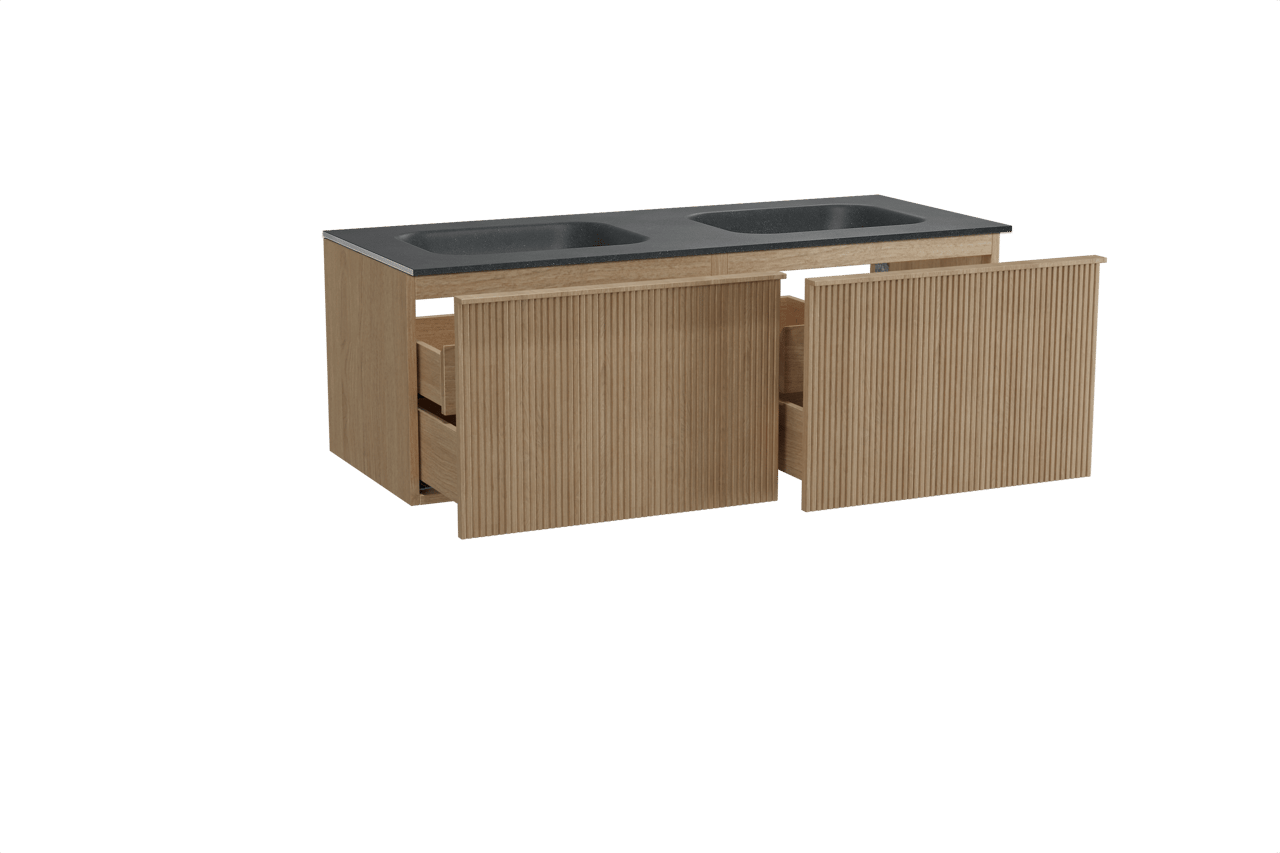 Balmani Forma zwevend badkamermeubel 135 x 55 cm natuur eik met Tablo Arcato dubbele wastafel in graniet zwart, Verticale symmetrische rechte ribbel