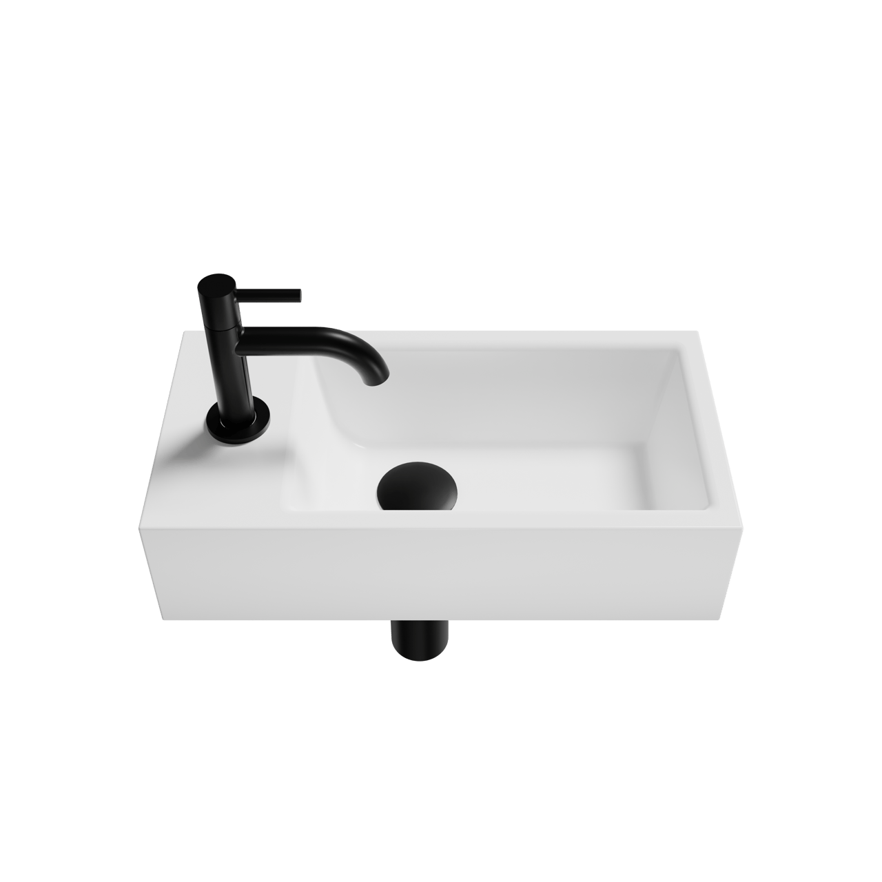 Luca Varess Cubic Handwaschbecken Set, Keramik weiß glänzend, 40,5 x 20 cm, Links, inklusive Schwarz Wasserhahn und Zubehör