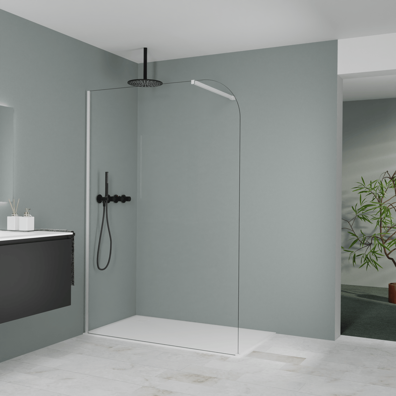 Balmani Modular douche à l'italienne: 140 x 200 cm, Verre transparent arrondi, Profil Blanc mat