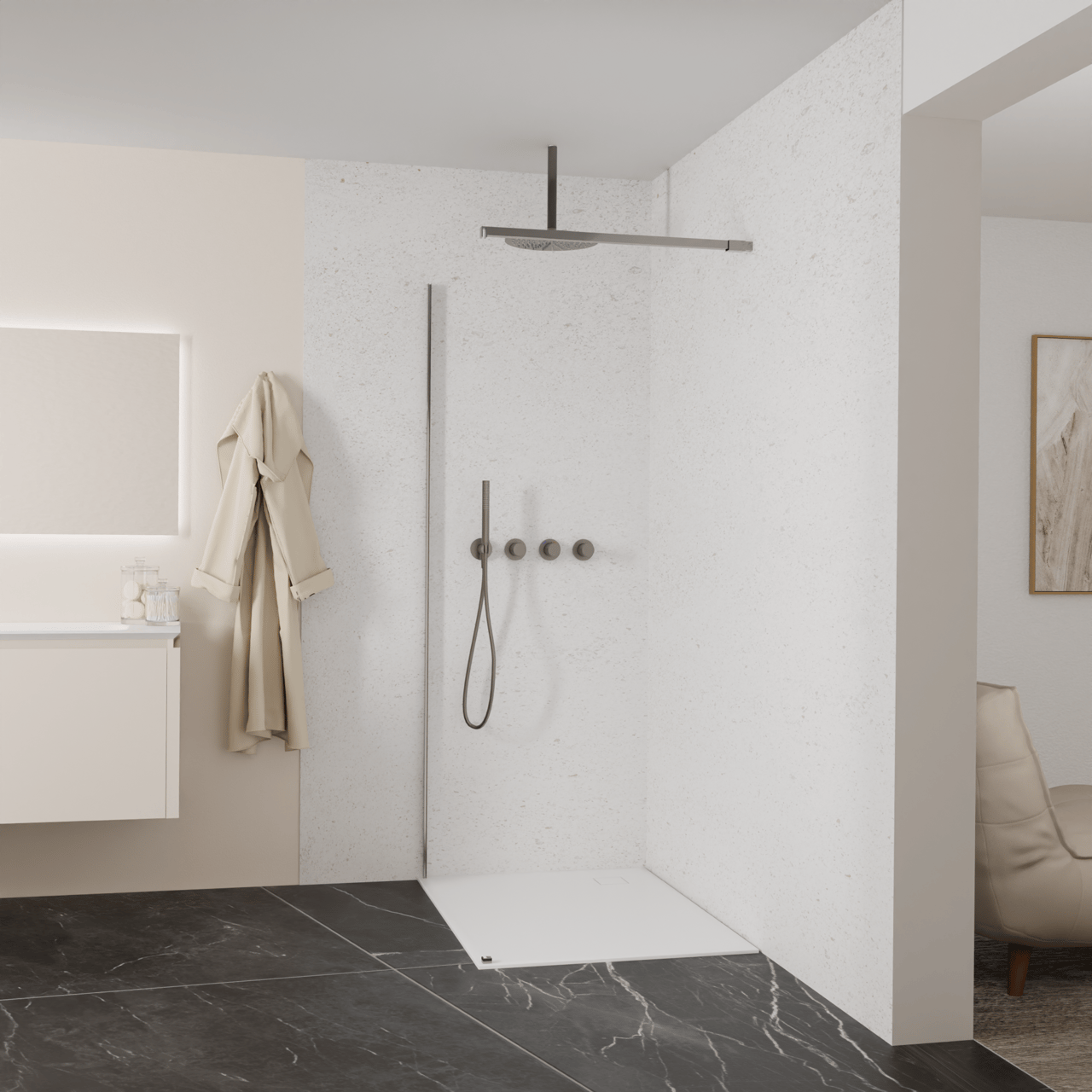 Balmani Modular douche à l'italienne: 110 x 200 cm, Verre transparent, avec coating, Profil Brushed GunMetal