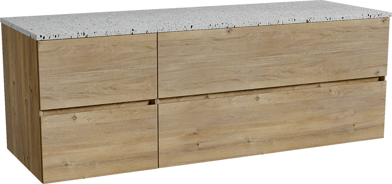 Storke Edge zwevend badmeubel 150 x 52 cm ruw eiken met Tavola enkel of dubbel wastafelblad in mat wit/zwart terrazzo