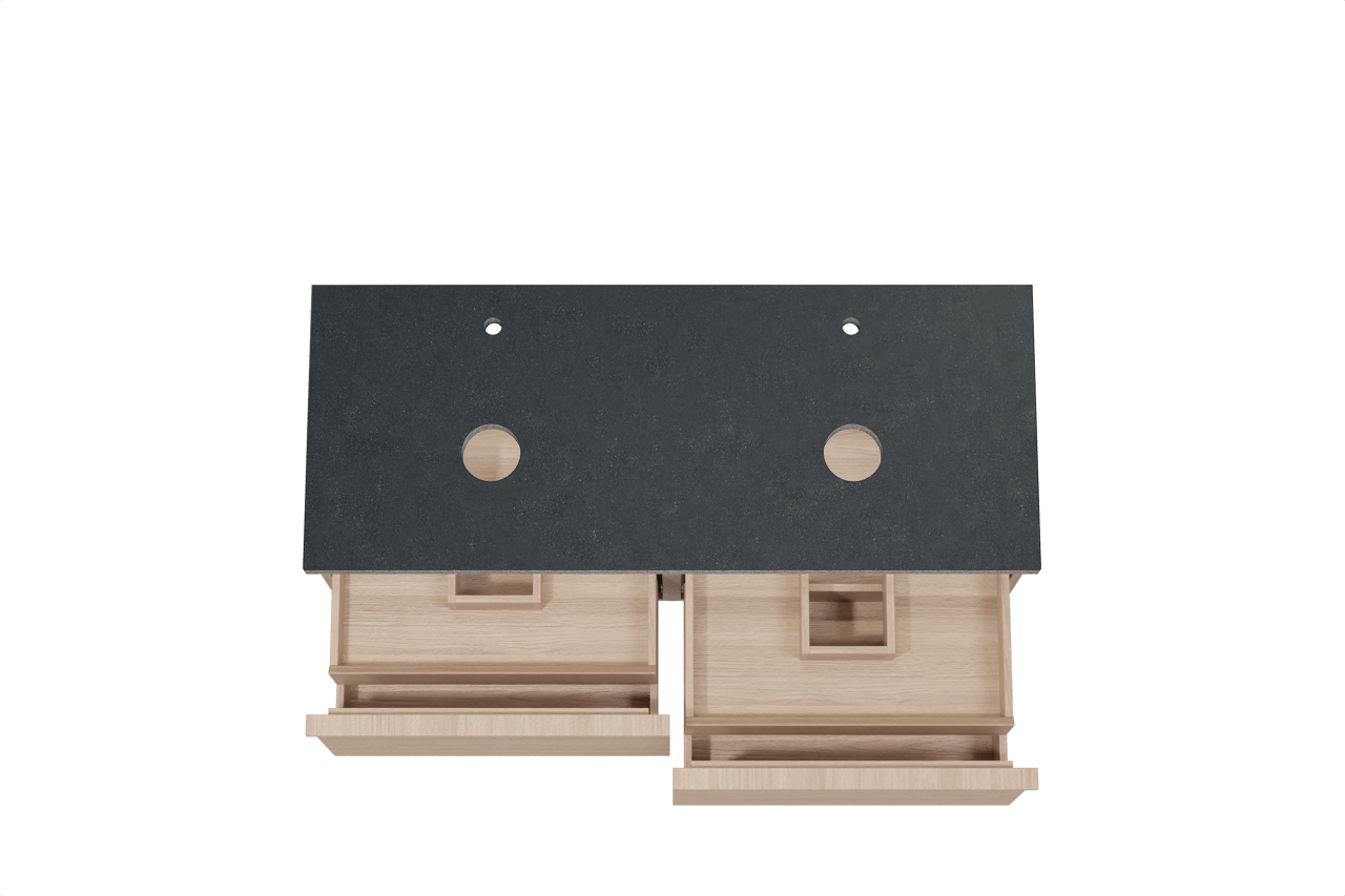 Balmani Forma meuble salle de bains suspendu 135 x 55 cm chêne naturel avec Rock tablette double en granit noir, Nervure gauche symétrique horizontale