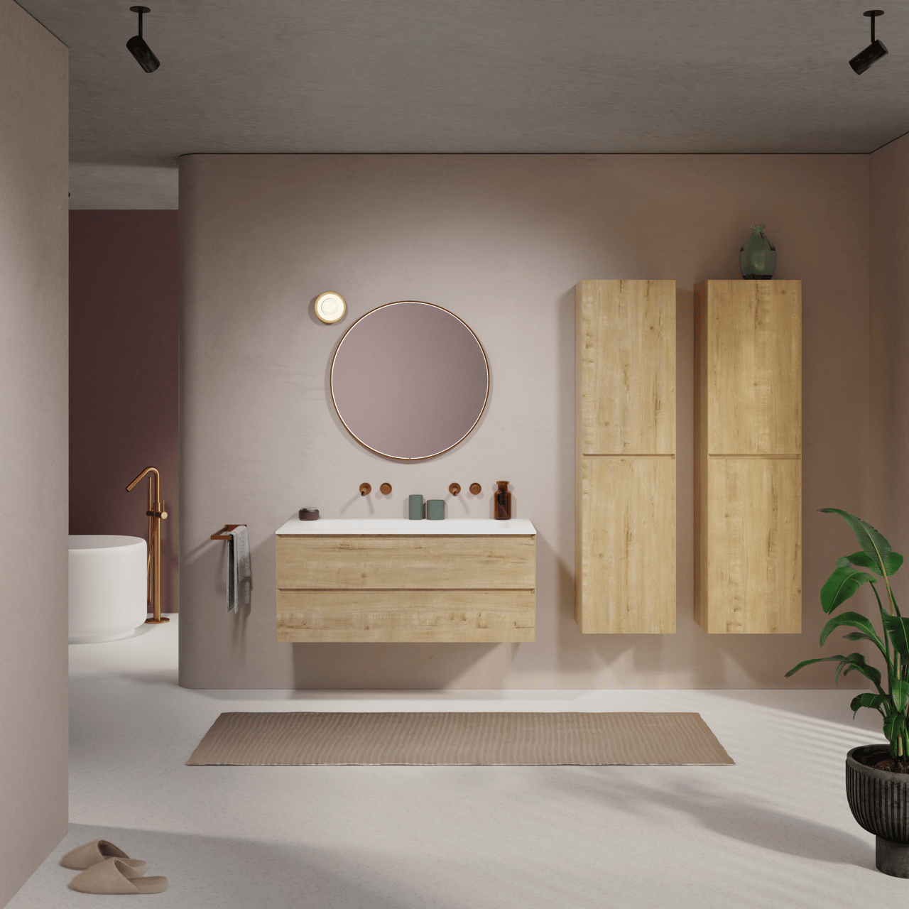 Balmani Mitra meuble salle de bains suspendu 120 x 55 cm chêne brut avec Tablo Arcato lavabo simple pour 2 trous de robinet en solid surface blanc mat