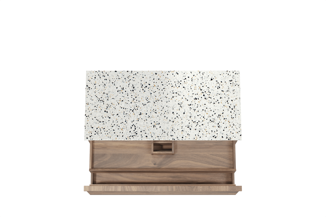 Balmani Forma zwevend badkamermeubel 120 x 55 cm amerikaanse notelaar met Stretto enkel of dubbel tablet in mat wit/zwart terrazzo, Horizontale symmetrische rechte ribbel