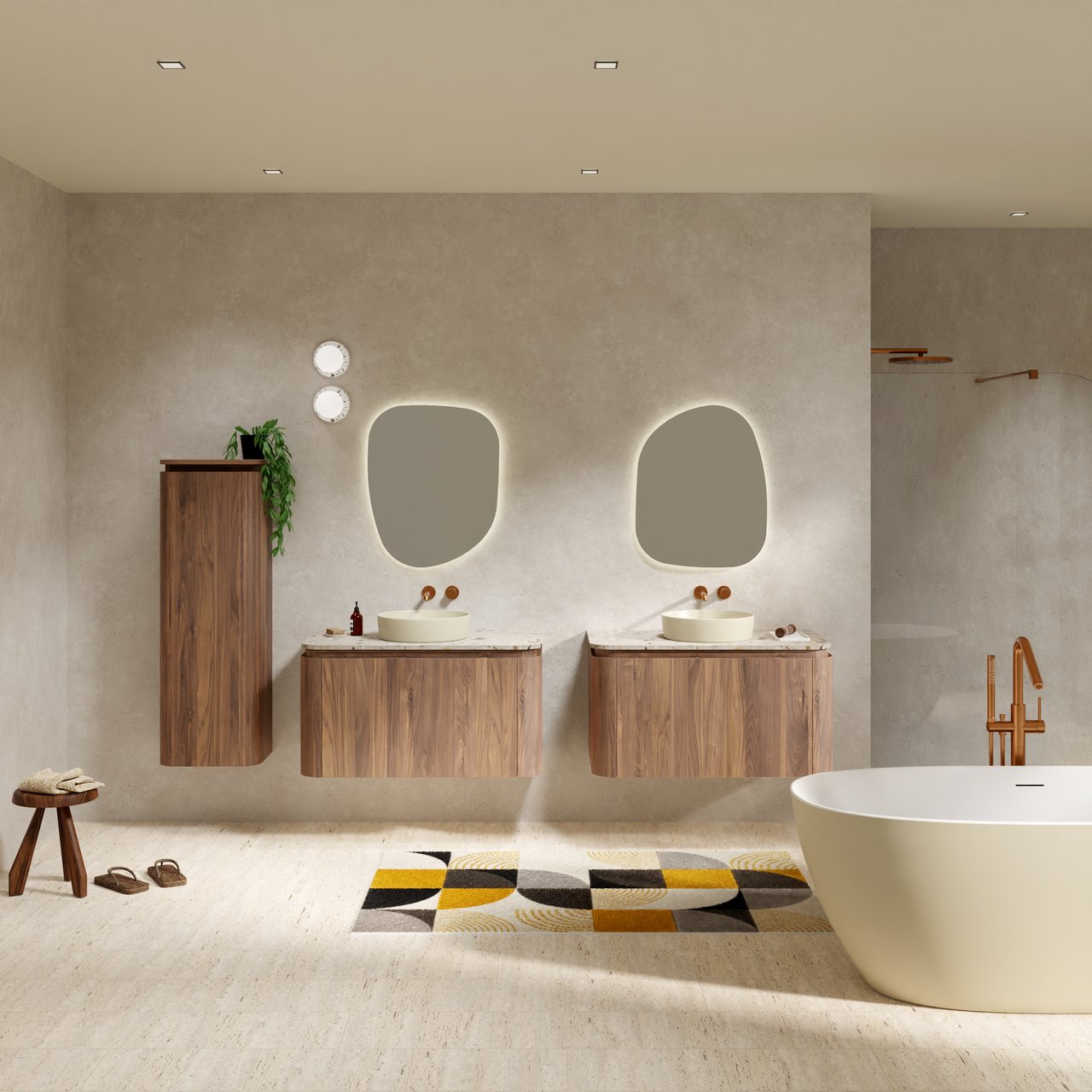 Balmani Moon hängendes Möbelstück Set: 100 x 55 cm, Amerikanischer Nussbaum, mit Moon Einzel Waschtischplatte, Terrazzo in Greige