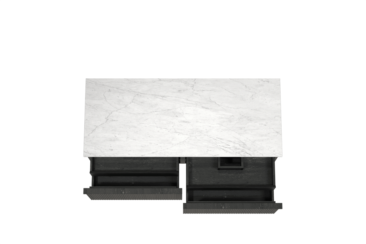 Balmani Forma hängendes Möbelstück Set: 135 x 55 cm, Schwarze Eiche, mit Stretto Einzel- oder Doppel Waschtischplatte, Marmor, Carrara, Vertikale symmetrische gerade Rippe