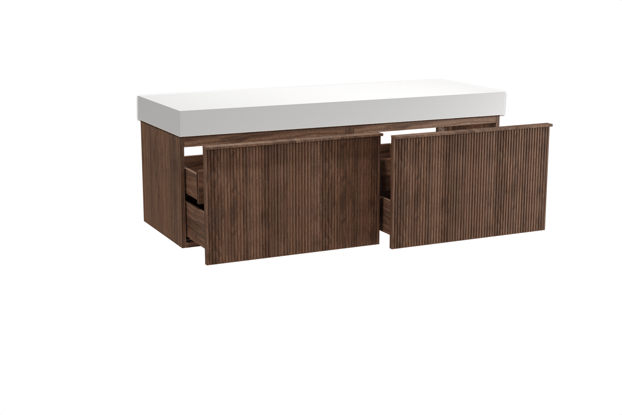 Balmani Forma hängendes Möbelstück Set: 150 x 55 cm, Amerikanischer Nussbaum, mit Dominus Einzel- oder Doppel Waschtischplatte, Solid Surface, Weiß matt, Vertikale symmetrische gerade Rippe