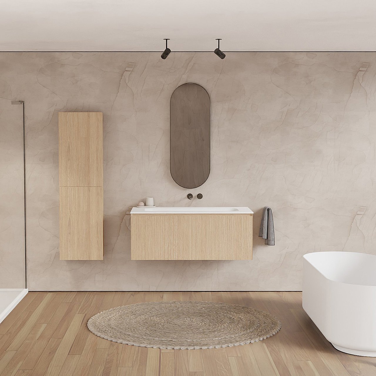 Balmani Fila meuble salle de bains suspendu 120 x 55 cm chêne naturel avec Tablo Arcato lavabo simple pour 2 trous de robinet en solid surface blanc mat, Nervure droite symétrique verticale