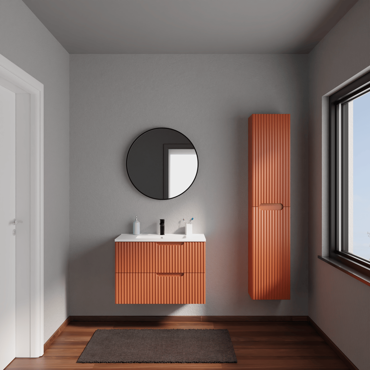 Linie Ribbo meuble salle de bains suspendu 80 x 46 cm cotto avec Vano plan simple en marbre composite blanc mat, Nervure circulaire symétrique verticale