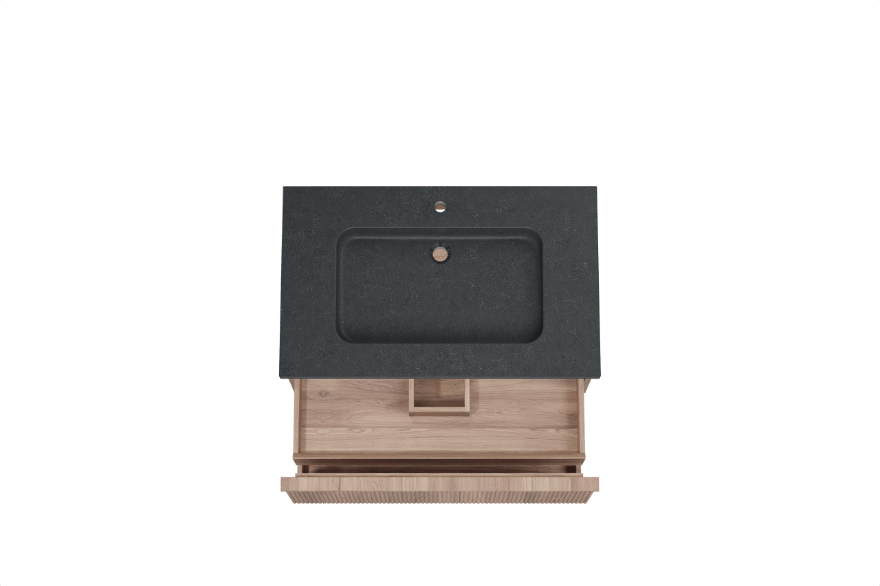 Balmani Forma hängendes Möbelstück Set: 90 x 55 cm, Teak, mit Napoli Einzelwaschtisch, Granit, Schwarzes Granit, Vertikale symmetrische gerade Rippe