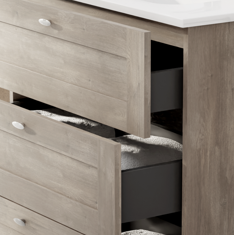 Linie Classo stehender Waschbeckenunterschrank: 80 x 46 cm, graue Eiche, 3 Schubladen