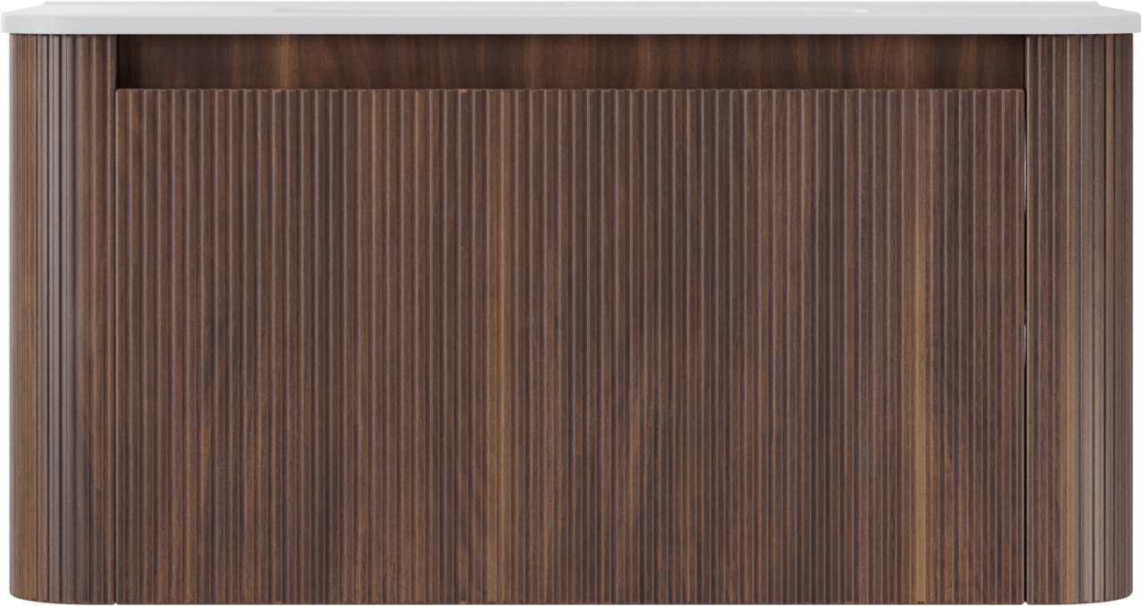 Storke Soft hängendes Möbelstück Set: 100 x 46 cm, Nussbaum, mit Kera Soft Einzelwaschtisch Keramik Weiβ matt, Vertikale symmetrische gerade Rippe