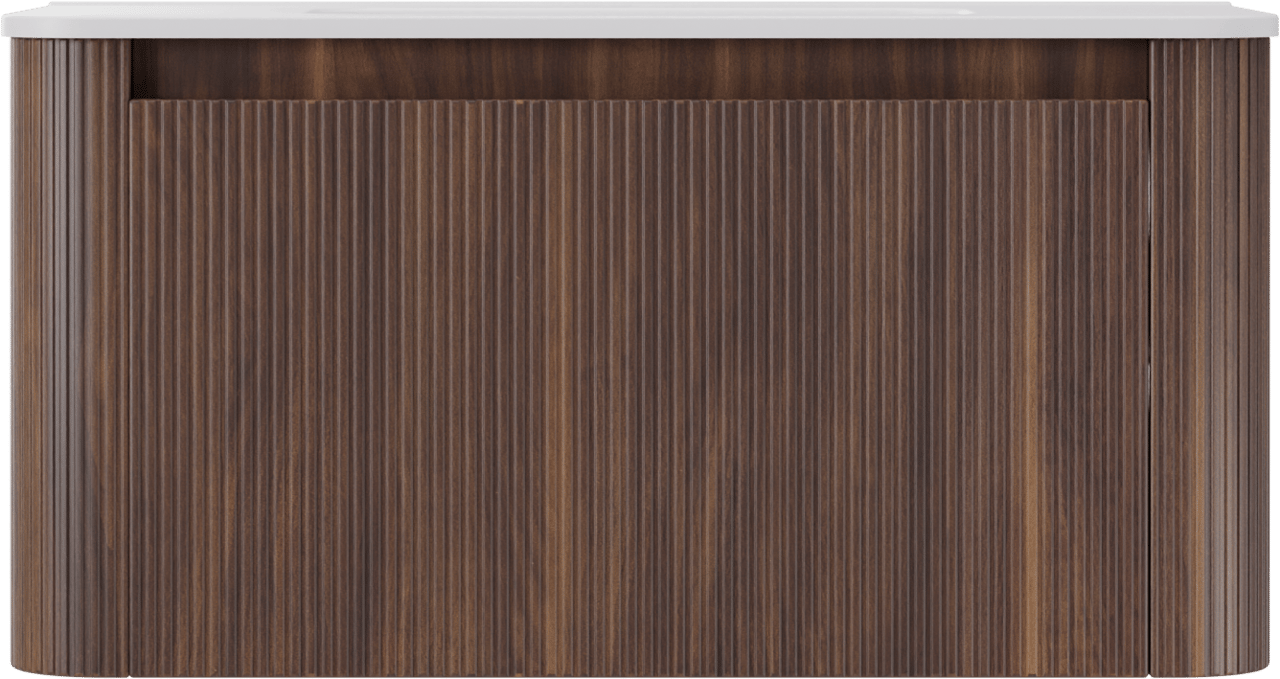 Storke Soft hängendes Möbelstück Set: 100 x 46 cm, Nussbaum, mit Kera Soft Einzelwaschtisch Keramik Weiβ matt, Vertikale symmetrische gerade Rippe