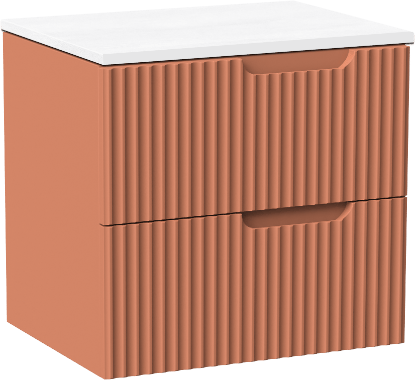 Linie Ribbo meuble salle de bains suspendu 60 x 46 cm cotto avec Lado tablette simple en marbre composite blanc brillant, Nervure circulaire symétrique verticale