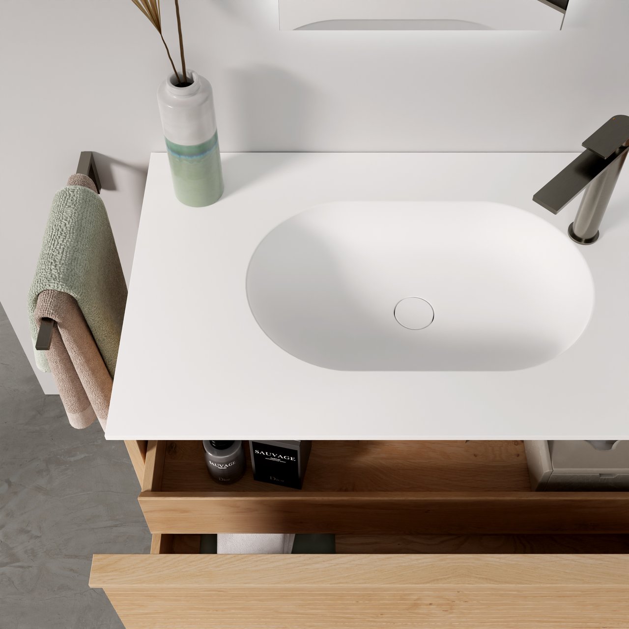 Balmani Forma zwevend badkamermeubel 120 x 55 cm natuur eik met Tablo Oval asymmetrisch rechtse wastafel in solid surface mat wit, Horizontale symmetrische rechte ribbel