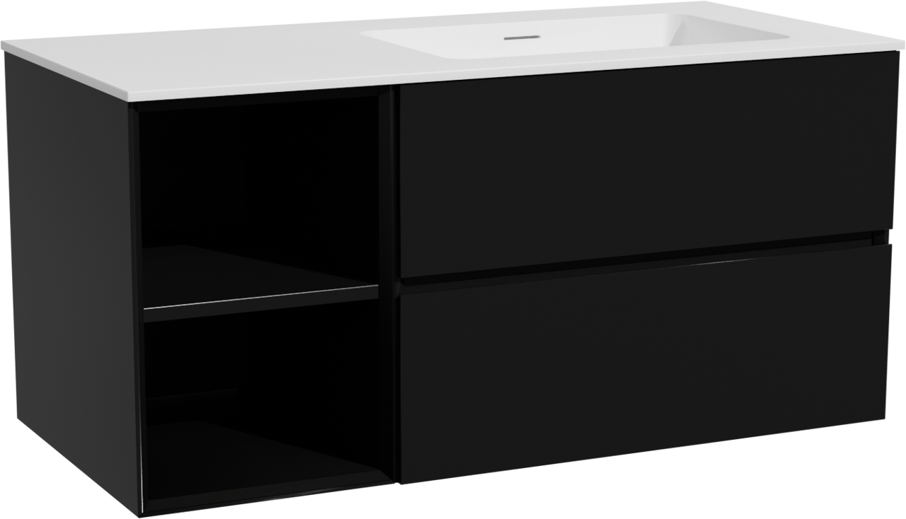 Storke Edge hängendes Möbelstück Set: 110 x 52 cm, Schwarz matt, mit Mata Waschtisch rechts, Solid Surface Weiß matt