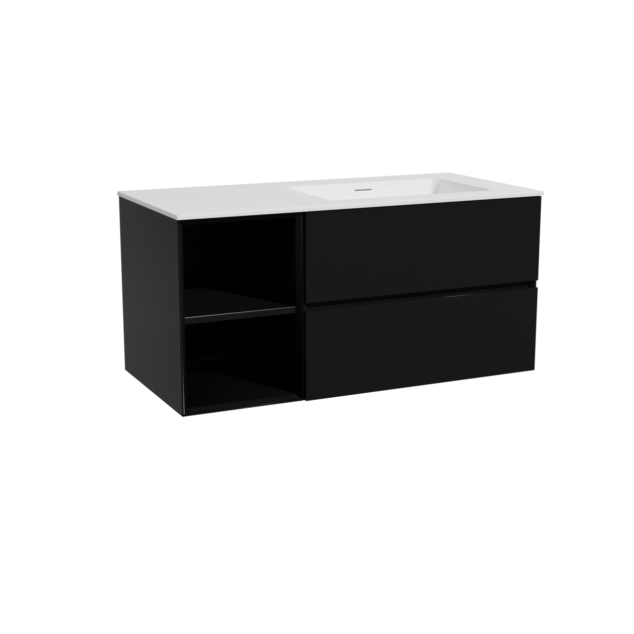 Storke Edge hängendes Möbelstück Set: 110 x 52 cm, Schwarz matt, mit Mata Waschtisch rechts, Solid Surface Weiß matt