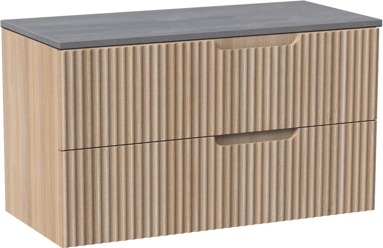 Linie Ribbo zwevend badmeubel 100 x 46 cm licht eiken met Lado enkel of dubbel wastafelblad in melamine beton donkergrijs, Verticale symmetrische ronde ribbel