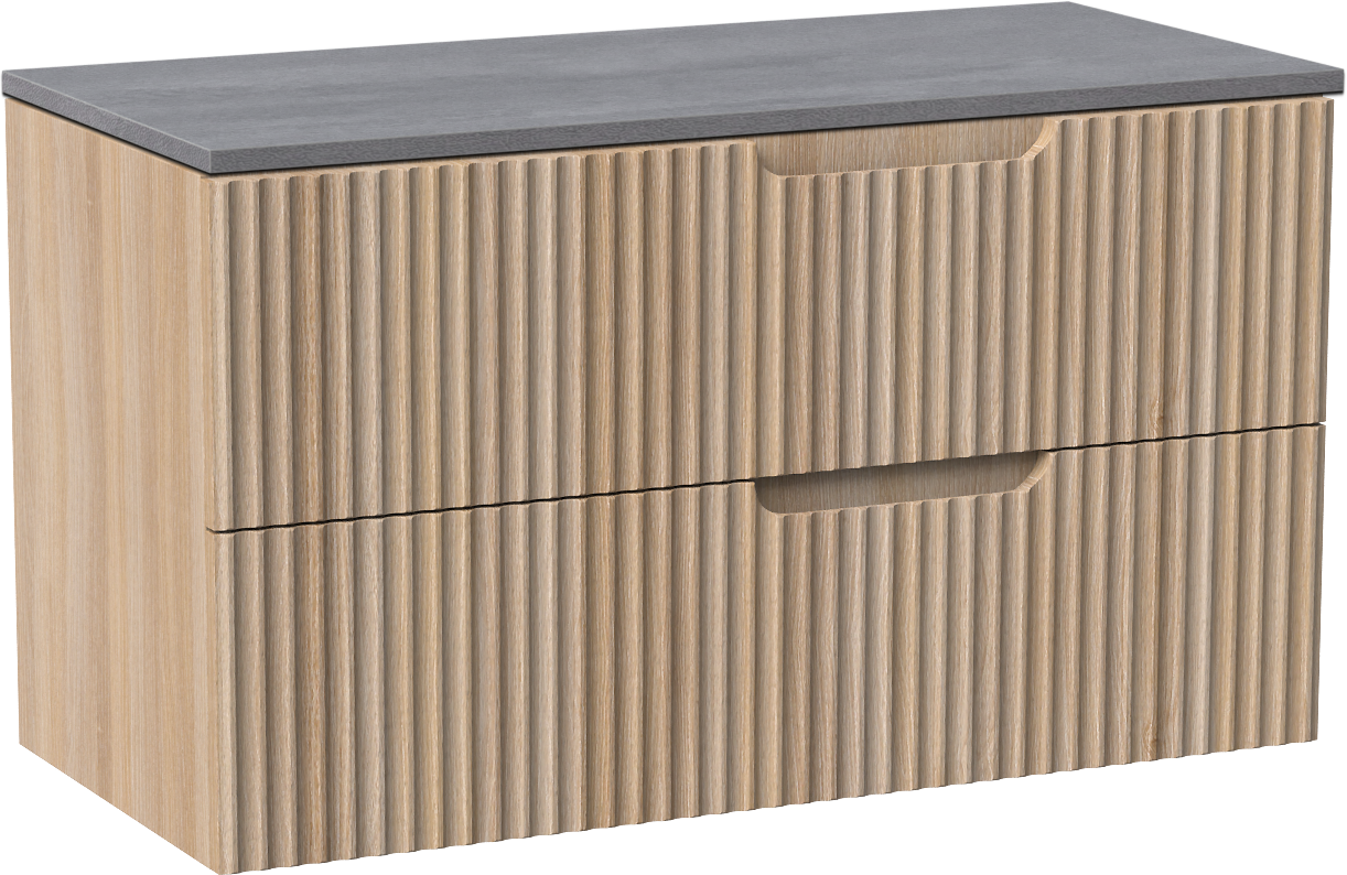 Linie Ribbo zwevend badmeubel 100 x 46 cm licht eiken met Lado enkel of dubbel wastafelblad in melamine beton donkergrijs, Verticale symmetrische ronde ribbel