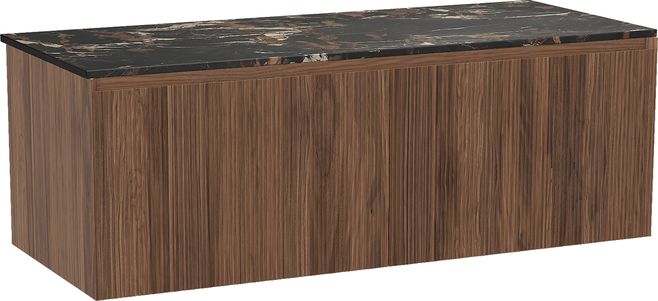 Balmani Fila hängendes Möbelstück Set: 135 x 55 cm, Nussbaum, mit Stretto Einzel- oder Doppel Waschtischplatte, Marmor, Portoro Gold, Vertikale symmetrische gerade Rippe